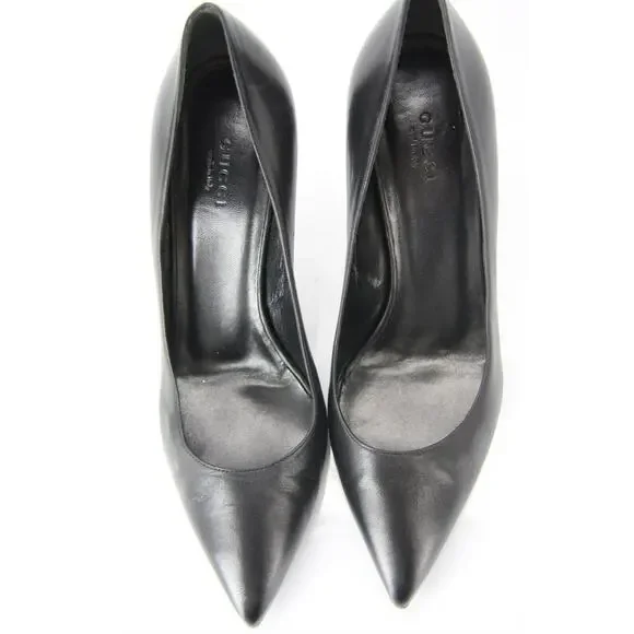 Gucci Black Leather Brooke Pointy Toe Heel Pumps Size 38.5 New $635 Women's